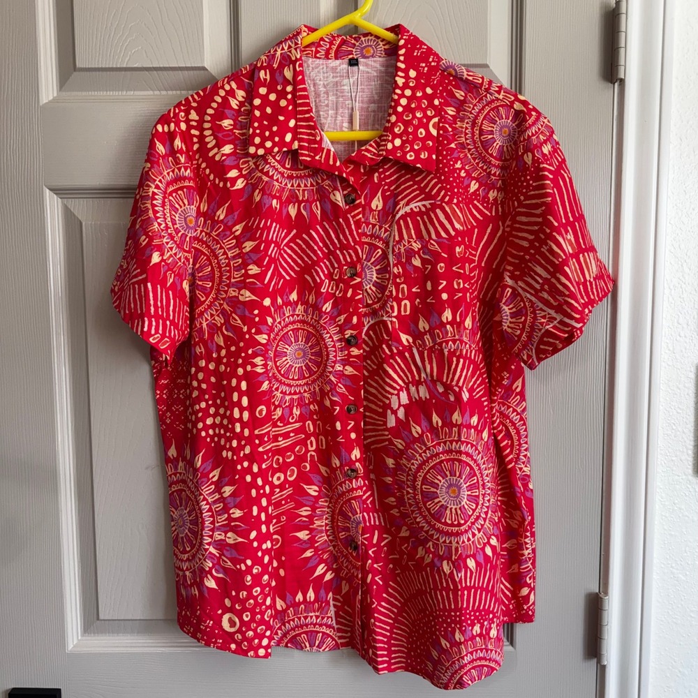 Womens‎ Coral Geometric Mandala Sunburst Cotton Linen Button Up Shirt XXL Boho
